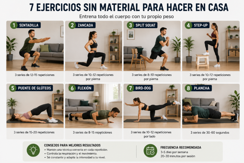 Los ejercicios para hacer en casa sin material